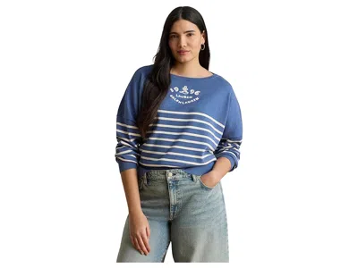 Ralph Lauren Plus Size Logo Striped Cotton Boatneck Sweater In Blue