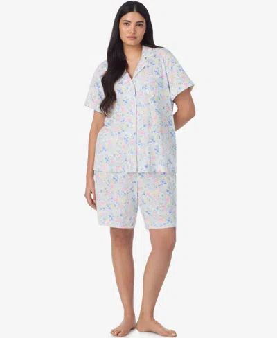 Ralph Lauren Plus Size Notch Collar Top And Bermuda Pajama Shorts, 2-piece Set In Multi