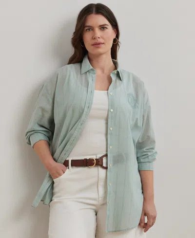 Ralph Lauren Plus Size Oversize Striped Cotton Voile Shirt In Washed Sage Multi