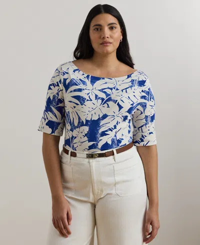 Ralph Lauren Plus Size Palm-frond-print Cotton Boatneck Tee In Blue
