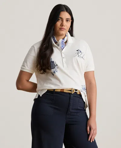 Ralph Lauren Plus Size Patchwork Pique Polo Shirt In White