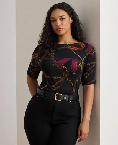 Ralph Lauren Plus Size Print Stretch Boat Neck T-shirt In Multi