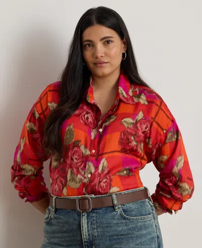 Ralph Lauren Plus Size Printed Linen Shirt In Brown