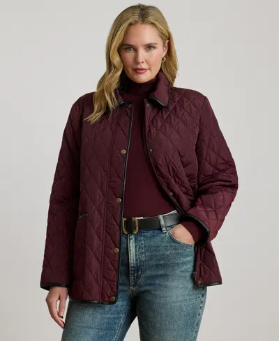 Ralph Lauren Plus Size Quilted Velboa-lined Coat, Created For Macy's In Burgundy