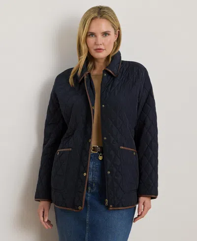 Ralph Lauren Plus Size Quilted Velboa-lined Coat, Created For Macy's In Blue