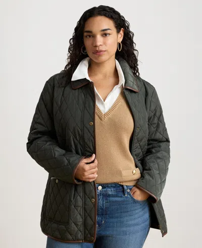 Ralph Lauren Plus Size Quilted Velboa-lined Coat, Created For Macy's In Green