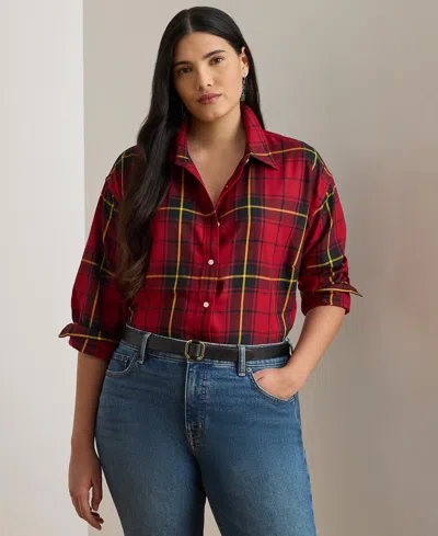 Ralph Lauren Plus Size Relaxed Fit Checked Plaid Cotton Shirt In Multi