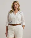 Ralph Lauren 100 Linen Womens Relaxed Fit Print Roll Tab Sleeve Shirt P Xs 3x In White
