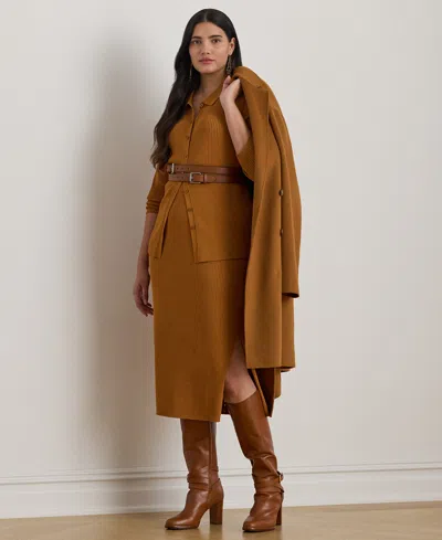 Ralph Lauren Plus Size Rib-knit Long-sleeve Polo Cardigan In Brown
