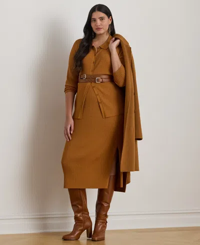 Ralph Lauren Plus Size Rib-knit Pencil Midi Skirt In Brown
