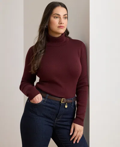 Ralph Lauren Plus Size Ribbed Turtleneck Sweater In Burgundy
