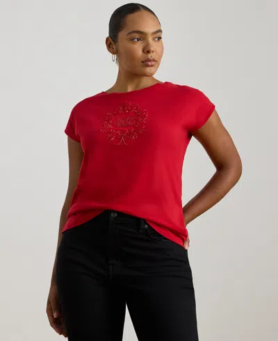 Ralph Lauren Plus Size Sequined-crest Cotton Jersey T-shirt In Red
