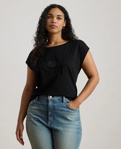 Ralph Lauren Plus Size Sequined-crest Jersey T-shirt In Black