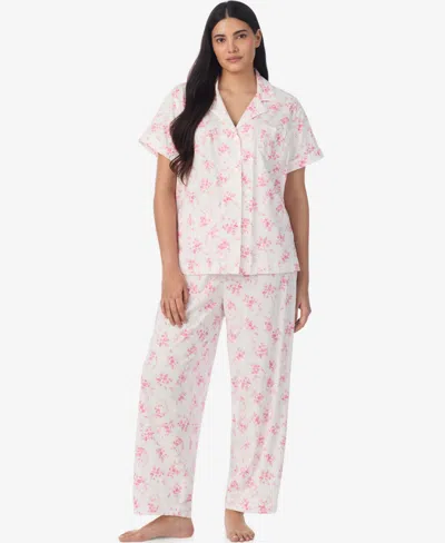 Ralph Lauren Plus Size Short-sleeve Top And Mid Rise Pajama Pants, 2-piece Set In Pink