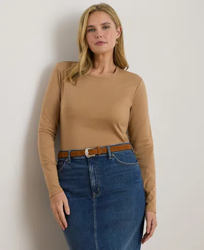 Ralph Lauren Plus Size Stretch Long Sleeve T-shirt In Brown