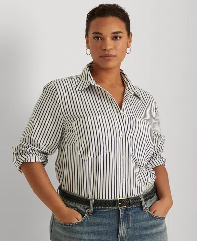 Ralph Lauren Plus Size Stripe Roll Tab Button-down Shirt In White,blue