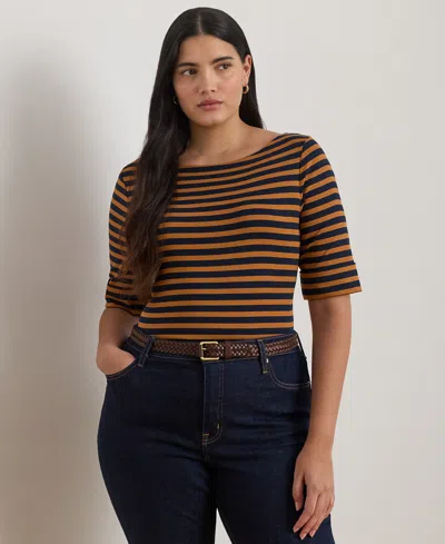 Ralph Lauren Plus Size Striped Boat Neck T-shirt In Brown