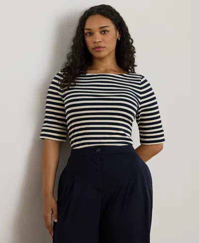 Ralph Lauren Plus Size Striped Boat Neck T-shirt In Neutral