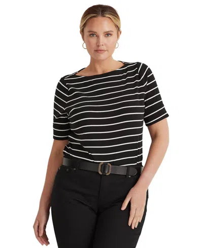 Ralph Lauren Plus Size Striped Cotton Boatneck T-shirt In Black