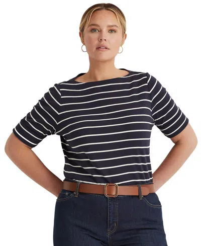 Ralph Lauren Plus Size Striped Cotton Boatneck T-shirt In Lauren Navy,white