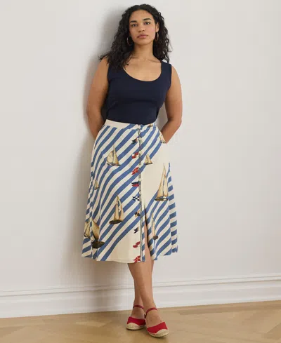 Ralph Lauren Plus Size Striped Sailboat Print Skirt In Multi