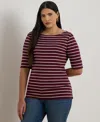 Ralph Lauren Plus Size Striped Stretch Boat Neck T-shirt In Burgundy