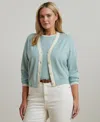 Ralph Lauren Plus Size Two-tone Cotton-blend Cardigan In Aqua Pearl,mascarpone Cream
