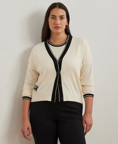 Ralph Lauren Plus Size Two-tone Cotton-blend Cardigan In Mascarpone Cream Black