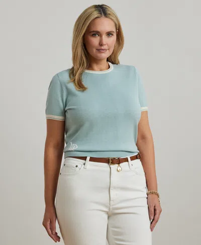 Ralph Lauren Plus Size Two-tone Short-sleeve Sweater In Aqua Pearl Mascarpone Cream