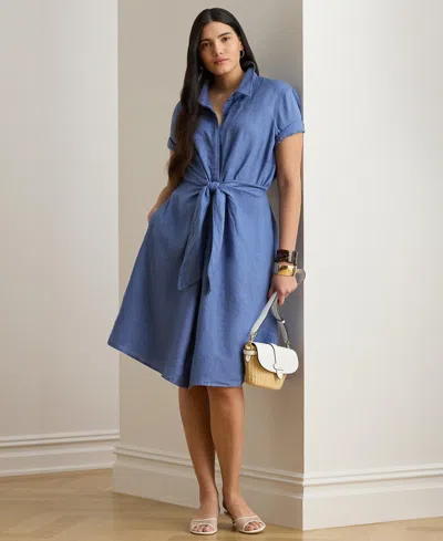 Ralph Lauren Plus-size 100% Linen Shirtdress In Blue