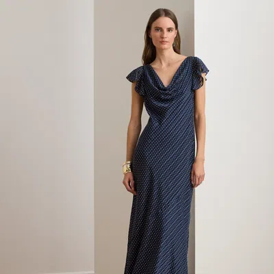 Ralph Lauren Polka-dot Burn-out Satin Cowlneck Gown In Multi