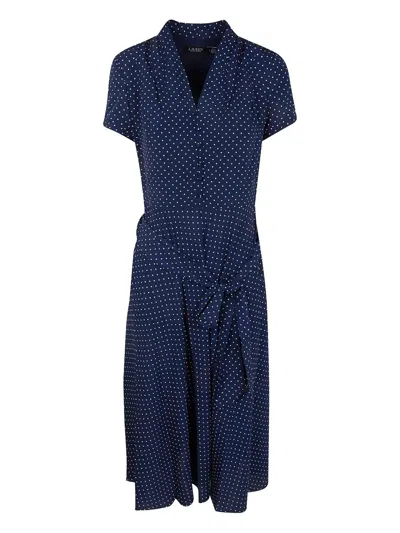 Ralph Lauren Polka Dot Tie Midi Dress In Blue