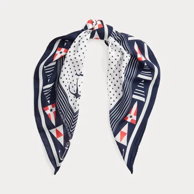 Ralph Lauren Polka-dot Flag-print Square Scarf In White In Blue