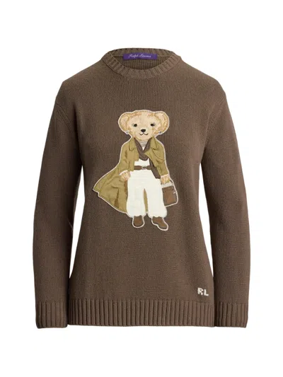 Ralph Lauren Ribbed Cashmere Pullover With Teddy Applique In Brown