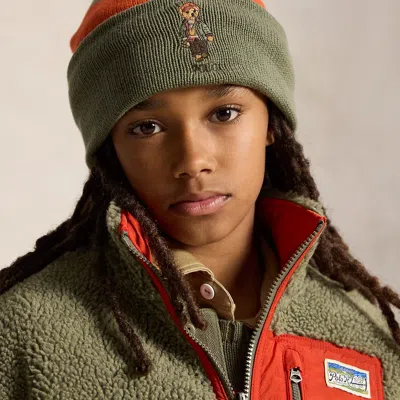 Ralph Lauren Kids' Polo Bear Cotton Beanie In Cruise Olive Multi In Green