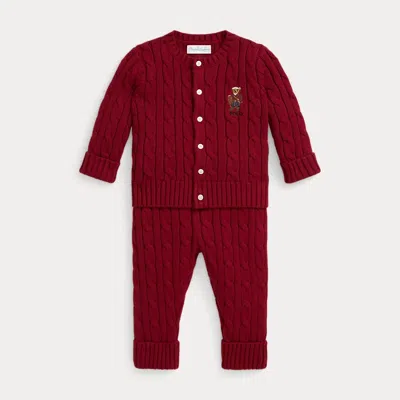Ralph Lauren Babies'  Polo Bear Cotton Cardigan & Pant Set In Burgundy