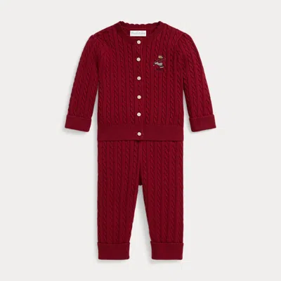 Ralph Lauren Babies'  Polo Bear Cotton Cardigan & Pant Set In Red