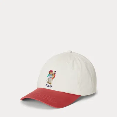 Ralph Lauren Kids' Polo Bear Cotton Chino Ball Cap In Deckwash White/red