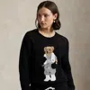 Ralph Lauren Bear Logo Mesh Knit Crewneck Sweater In Black