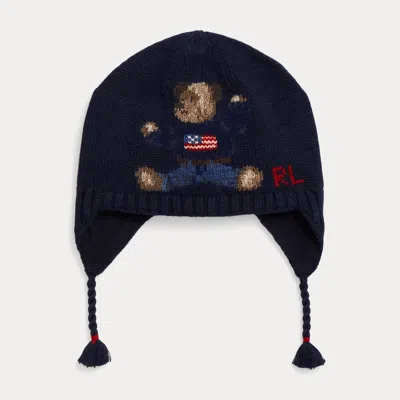 Ralph Lauren Babies' Polo Bear Cotton Earflap Hat In Hunter Navy In Black