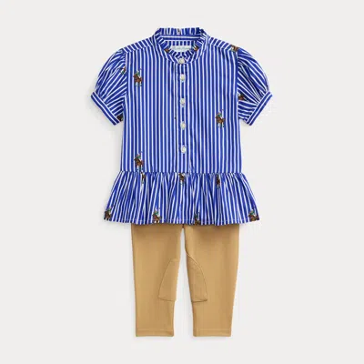 Ralph Lauren Babies'  Polo Bear Cotton Shirt & Legging Set In Blue