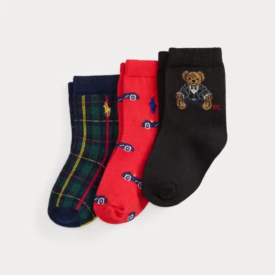 Ralph Lauren Babies' Polo Bear Crew Sock 3-pack In Black/red In Multi