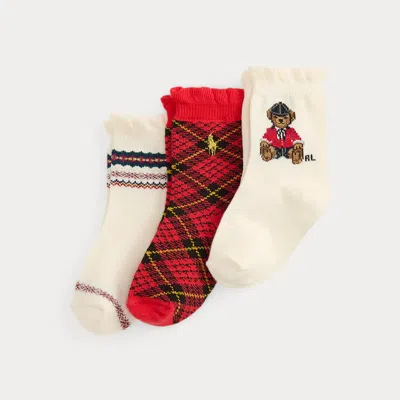Ralph Lauren Babies' Polo Bear Crew Sock 3-pack In F26 Ivory/red/ivory In Multi
