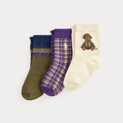 Ralph Lauren Babies' Polo Bear Crew Sock 3-pack In Ivory/ Purple/ Olive In Multi