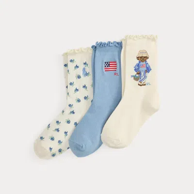 Ralph Lauren Kids' Polo Bear Crew Sock 3-pack In Ivory/blue