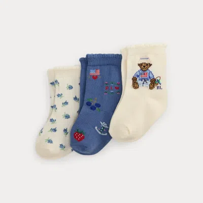 Ralph Lauren Babies' Polo Bear Crew Sock 3-pack In Ivory/blue In Multi