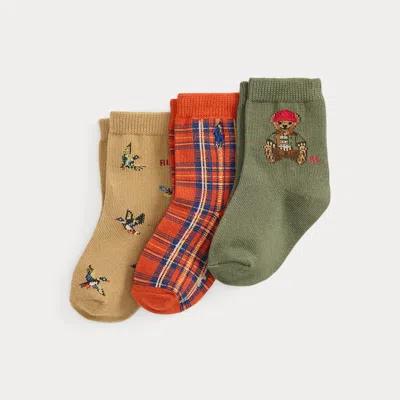 Ralph Lauren Babies' Polo Bear Crew Sock 3-pack In Olive/orange/tan In Multi