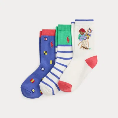 Ralph Lauren Kids' Polo Bear Crew Sock 3-pack In White Multi In Blue