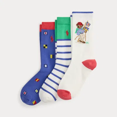 Ralph Lauren Kids' Polo Bear Crew Sock 3-pack In White Multi In Blue