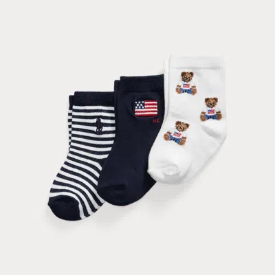 Ralph Lauren Babies' Polo Bear Crew Sock 3-pack Set In White/navy In Multi